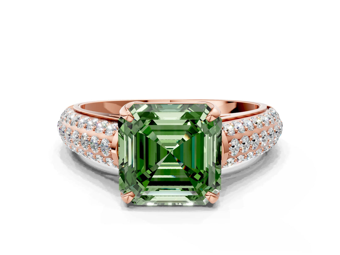 Rose gold Fancy Green Asscher Cut Diamond Solitaire Ring with Three-Row Pavé Band and Four-Prong Setting_22