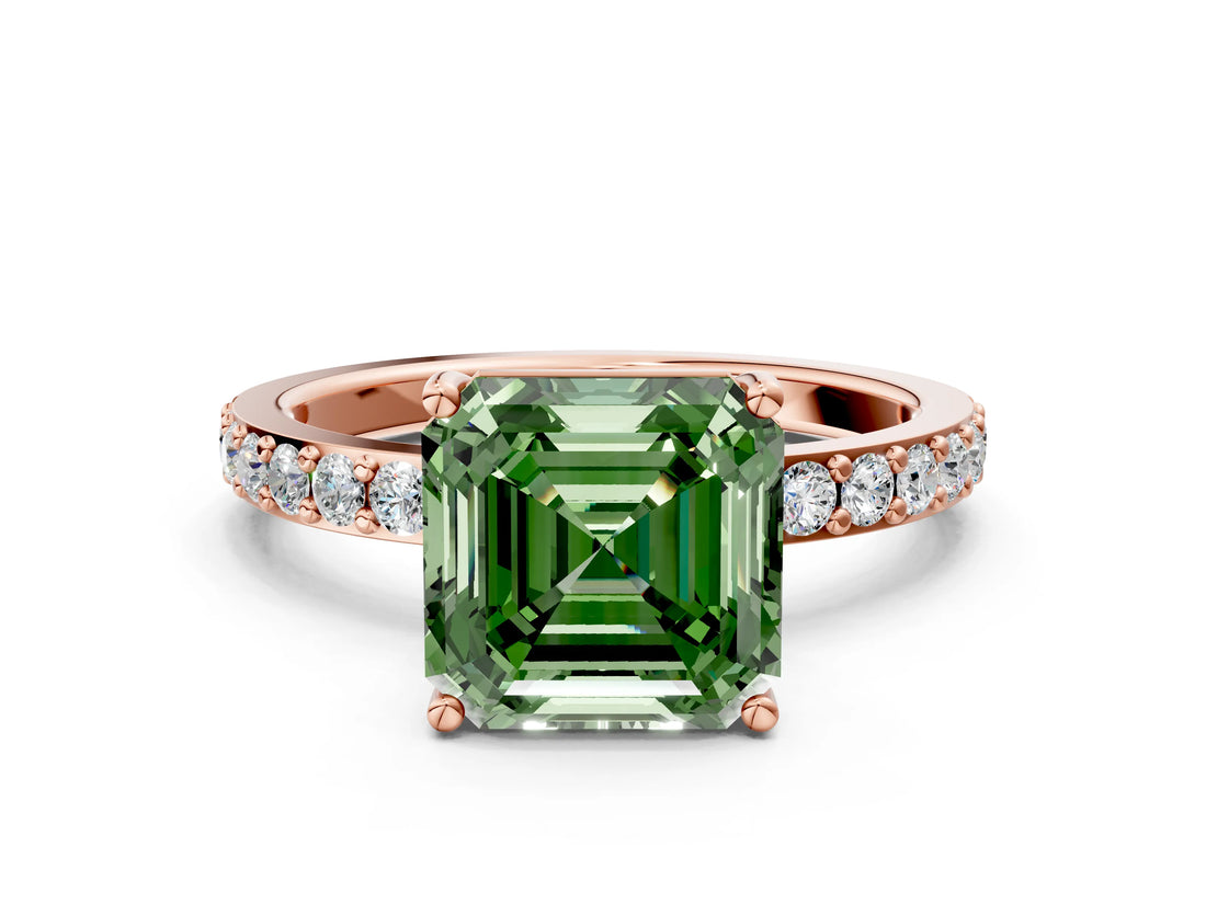 Rose gold Fancy Green Asscher  Cut Diamond Solitaire with Pave Band and Four-Prong Setting 1