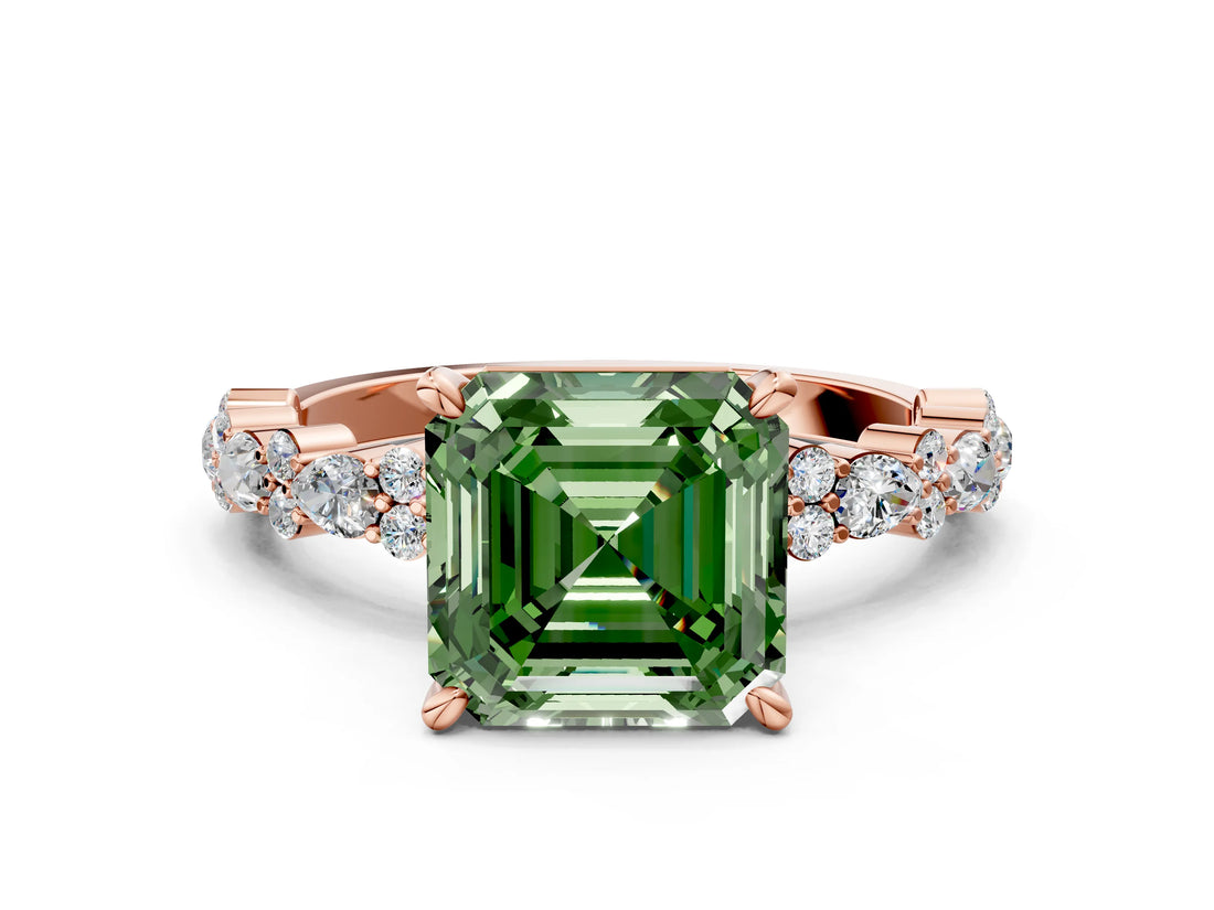 Rose gold Fancy Green Asscher Cut Diamond Solitaire with Side Stones, Pave Band, Four-Prong Setting_47