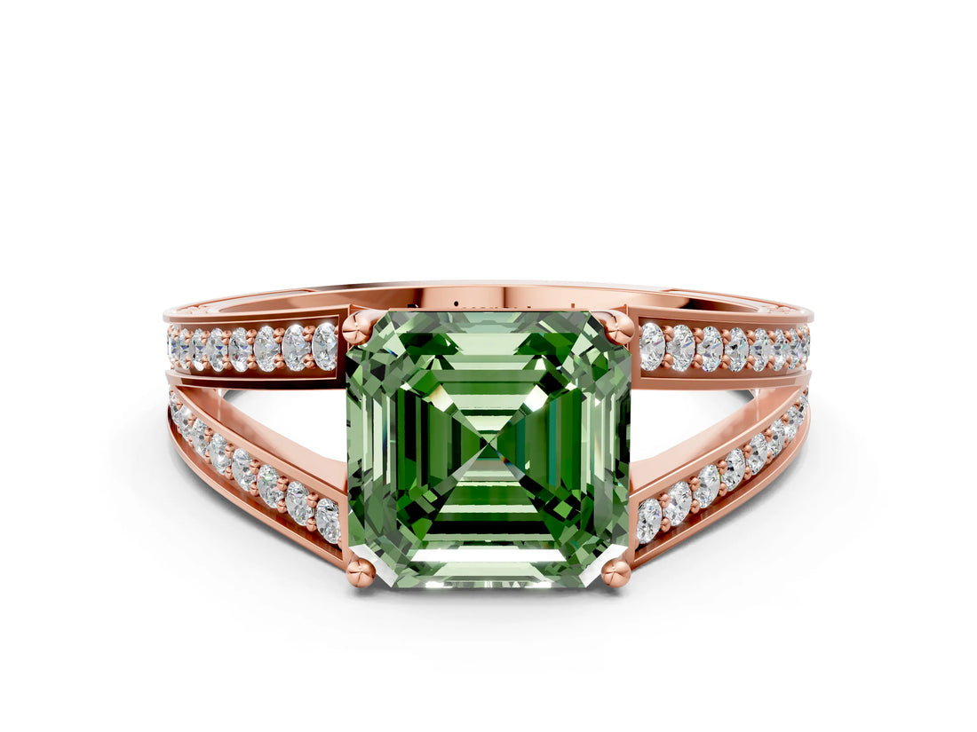 Rose gold Fancy Green Asscher Cut Diamond Split Shank Ring with Pavé Band and Four-Prong Setting_35