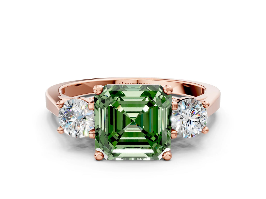 Rose gold Fancy Green Asscher Cut Diamond Three-Stone Engagement Ring with Prong Setting and Pavé Band