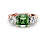 Rose gold Fancy Green Asscher Cut Diamond Three-Stone Engagement Ring with Prong Setting and Pavé Band