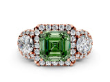 Rose gold Fancy Green Asscher Cut Diamond Three-Stone Halo Ring with Prong Setting and Pavé Accents