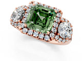 Rose gold Fancy Green Asscher Cut Diamond Three-Stone Halo Ring with Prong Setting and Pavé Accents_1