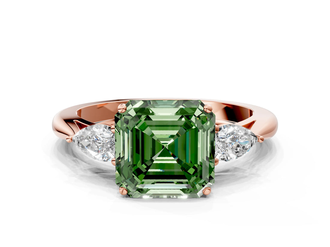 Rose gold Fancy Green Asscher Cut Diamond Three-Stone Ring with Pear Side Stones and Four-Prong Setting_84