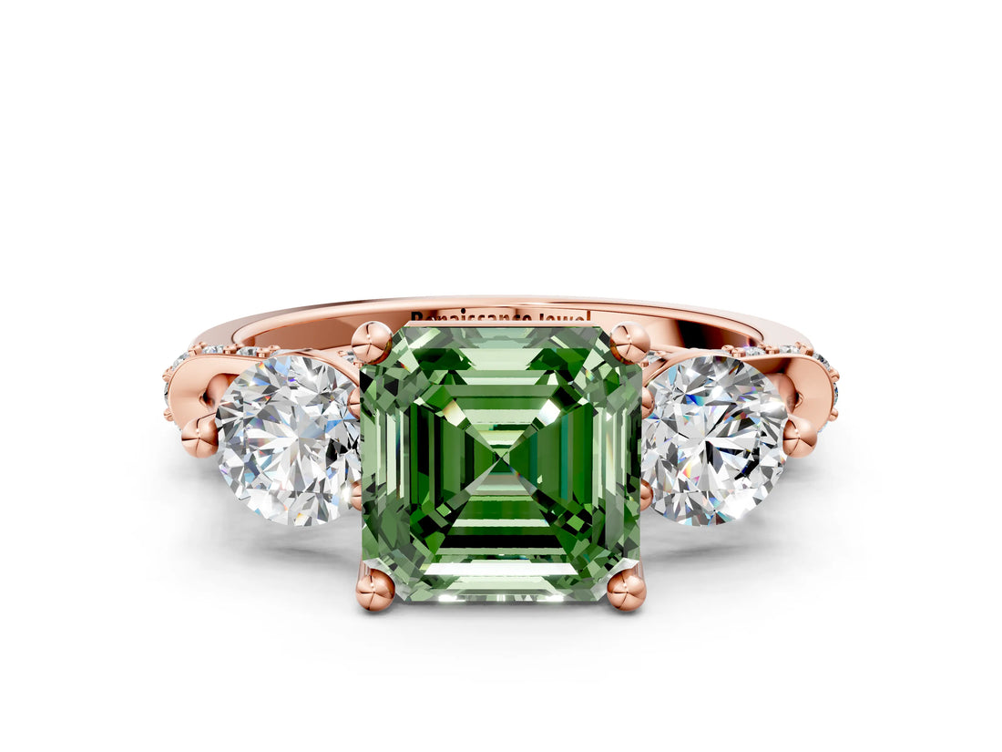 Rose gold Fancy Green Asscher Cut Diamond Three-Stone Ring with Prong Setting and Pavé Band
