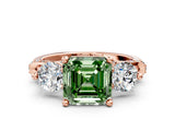 Rose gold Fancy Green Asscher Cut Diamond Three-Stone Ring with Prong Setting and Pavé Band