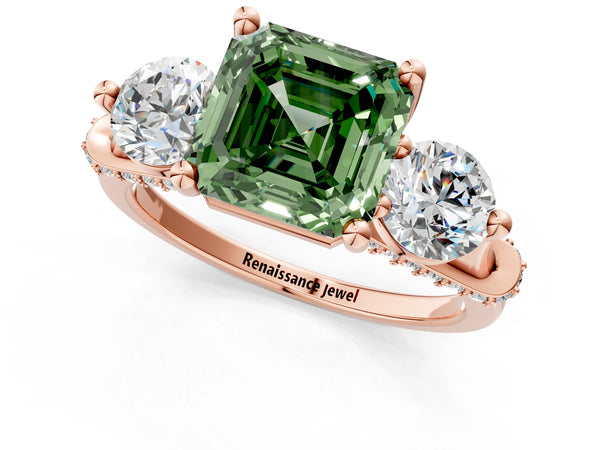 Rose Gold Asscher Cut Curved Pave Three Stone Engagement Ring Setting for Fancy Green Center