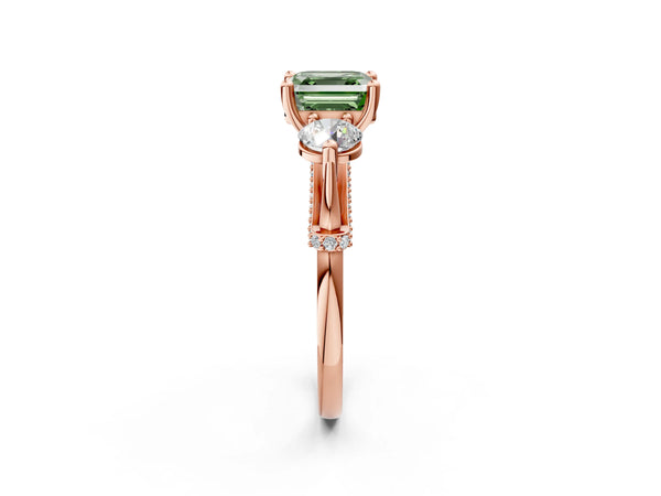 Rose Gold Asscher Cut Curved Pave Three Stone Engagement Ring Setting for Fancy Green Center