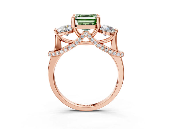 Rose Gold Asscher Cut Curved Pave Three Stone Engagement Ring Setting for Fancy Green Center
