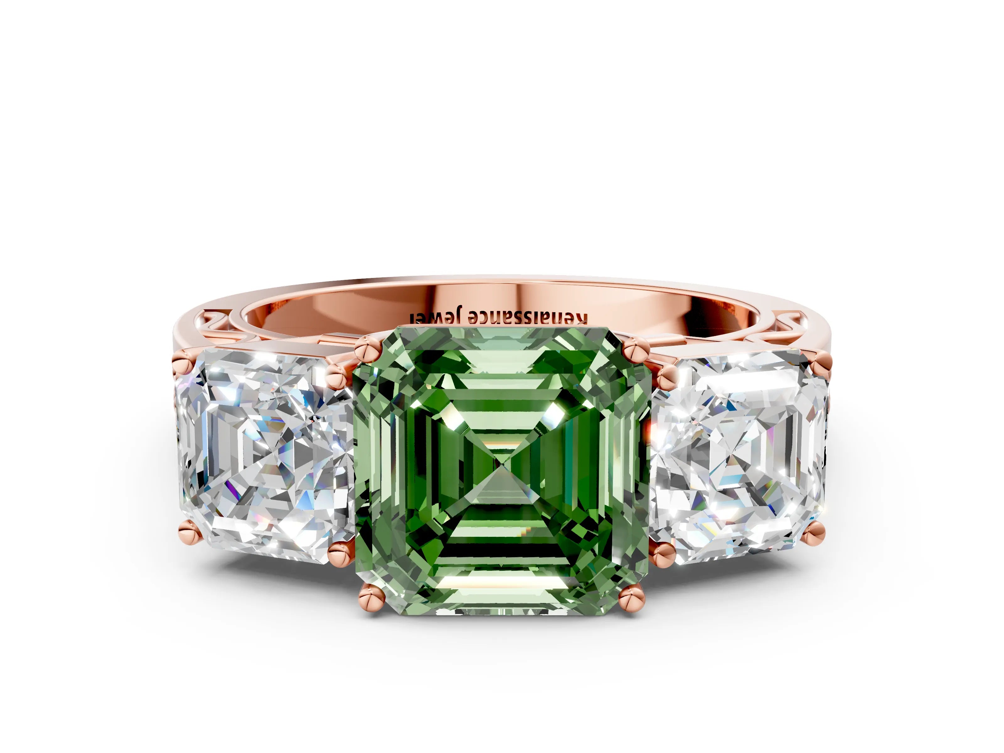 Rose gold Fancy Green Asscher Cut Diamond Three-Stone Ring with Prong Setting and Textured Band