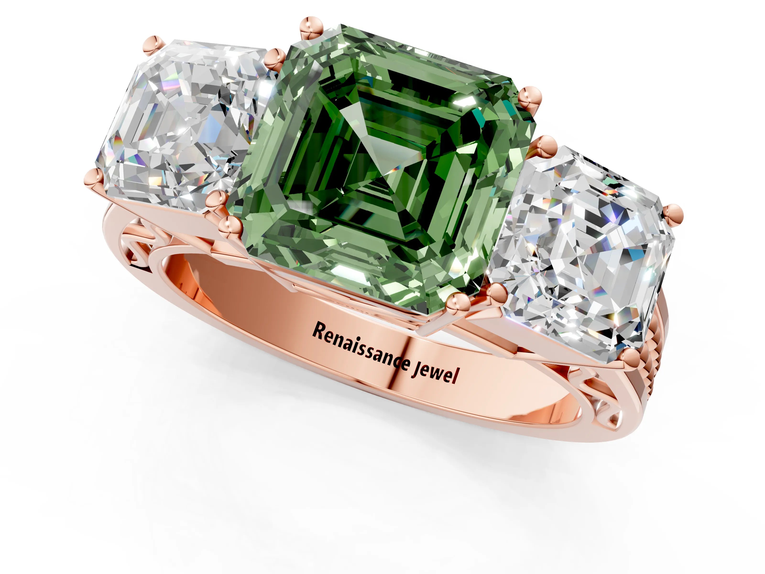 Rose gold Fancy Green Asscher Cut Diamond Three-Stone Ring with Prong Setting and Textured Band_1