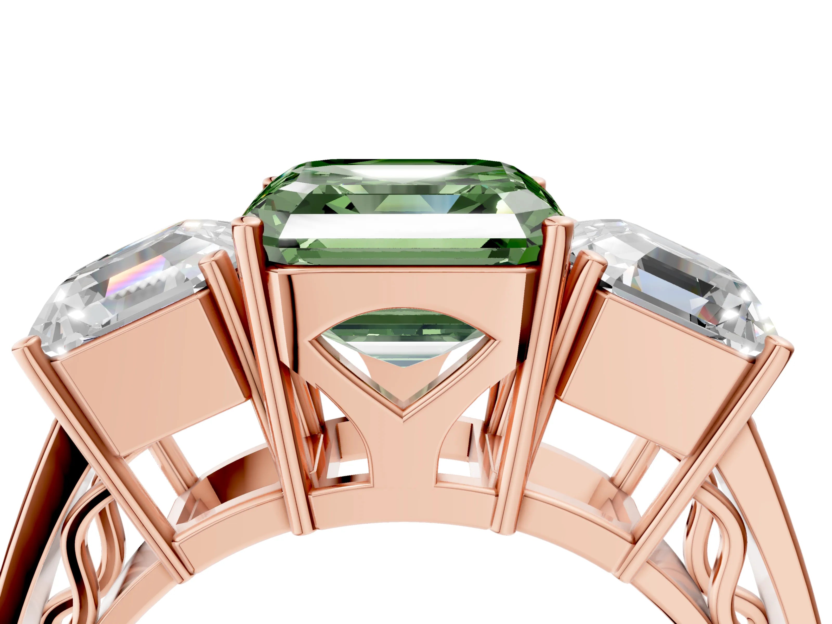 Rose gold Fancy Green Asscher Cut Diamond Three-Stone Ring with Prong Setting and Textured Band_4