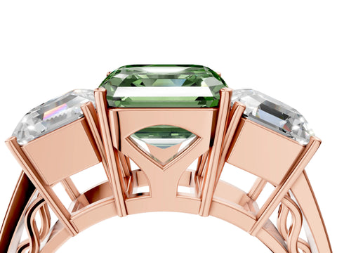 Rose gold Fancy Green Asscher Cut Diamond Three-Stone Ring with Prong Setting and Textured Band_4