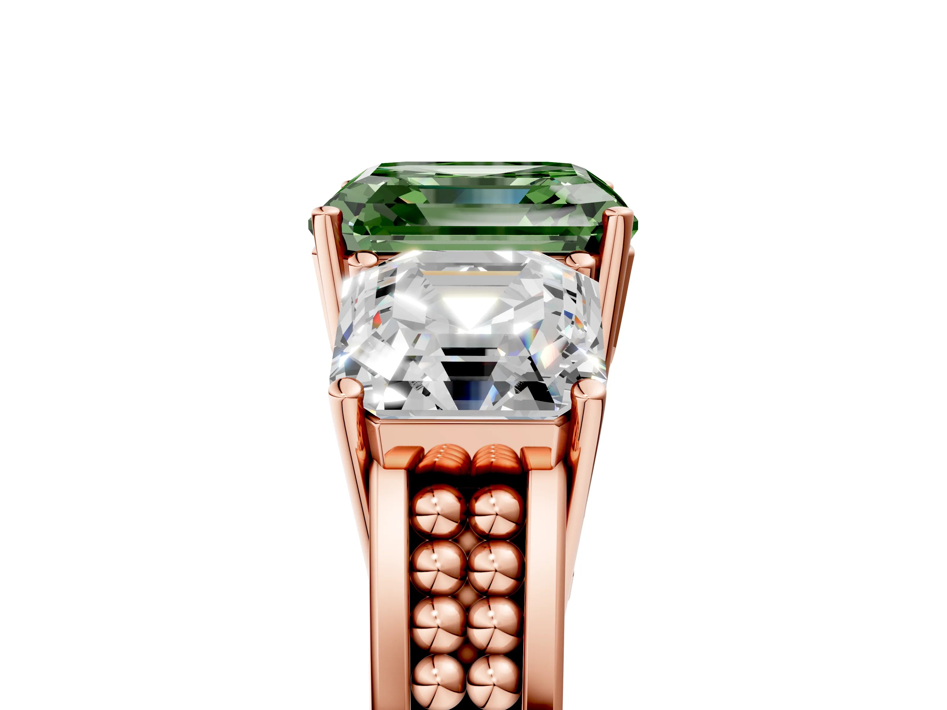 Rose gold Fancy Green Asscher Cut Diamond Three-Stone Ring with Prong Setting and Textured Band_5