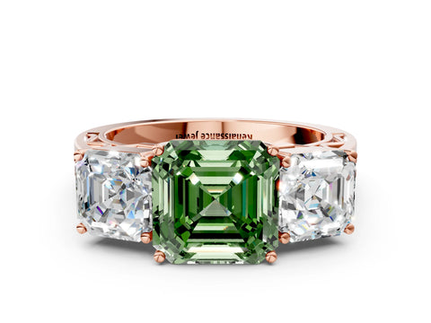 Rose gold Fancy Green Asscher Cut Diamond Three-Stone Ring with Prong Setting and Textured Band
