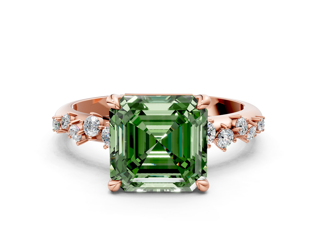Rose gold Fancy Green Asscher  Cut Diamond Vine Band with Four-Prong Setting