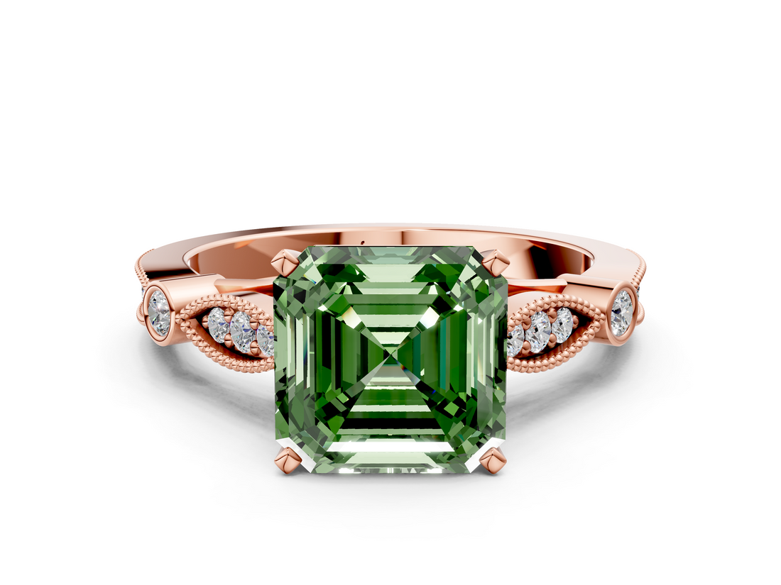 Rose gold Fancy Green Asscher  Cut Diamond with Milgrain Marquise and Bezel Accents on a Solitaire Band with Prong Setting_17
