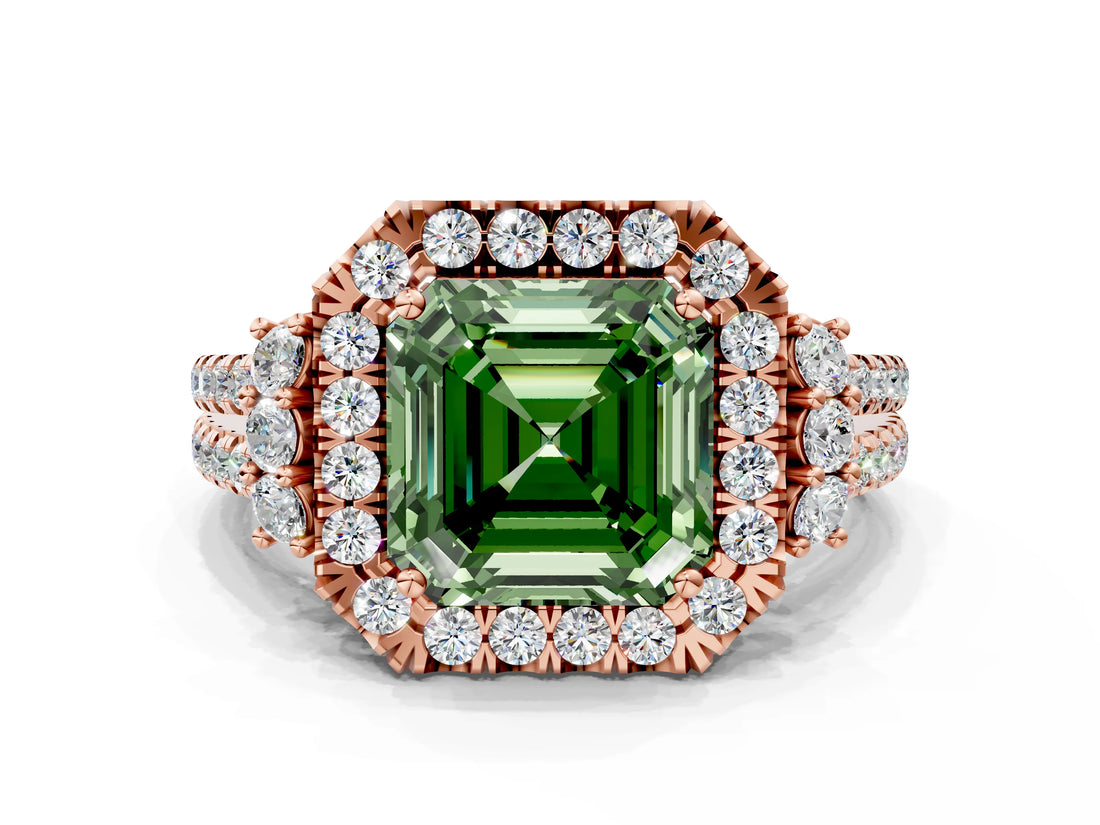 Rose gold Fancy Green Asscher  Cut Double Halo Diamond Engagement Ring with Pave Band and Four-Prong Setting_26