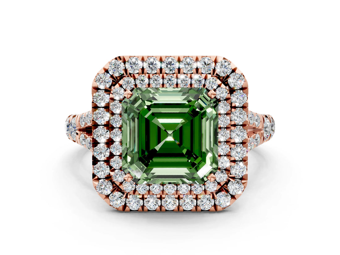 Rose gold Fancy Green Asscher  Cut Double Halo Split Shank Diamond Ring with Prong Setting_46