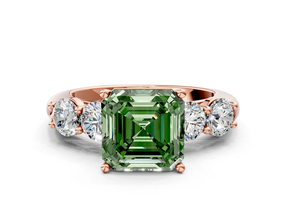 Rose gold Fancy Green Asscher  Cut Five-Stone Prong Set Diamond Ring with Classic Band_29