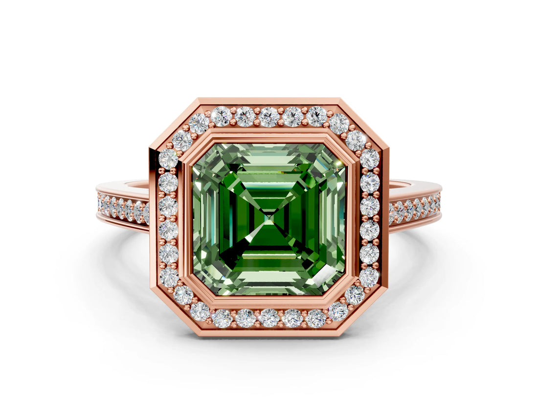 Rose gold Fancy Green Asscher Cut Halo Bezel Diamond Pave Band Ring