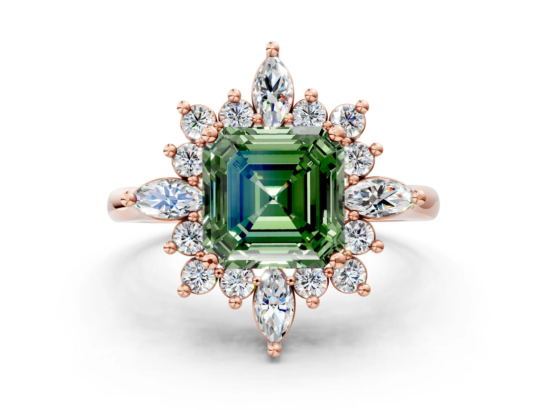 Rose gold Fancy Green Asscher Cut Halo Diamond Cluster Ring with Marquise and Round Stones on a White Gold Band with Prong Setting