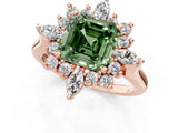 Rose gold Fancy Green Asscher Cut Halo Diamond Cluster Ring with Marquise and Round Stones on a White Gold Band with Prong Setting_1