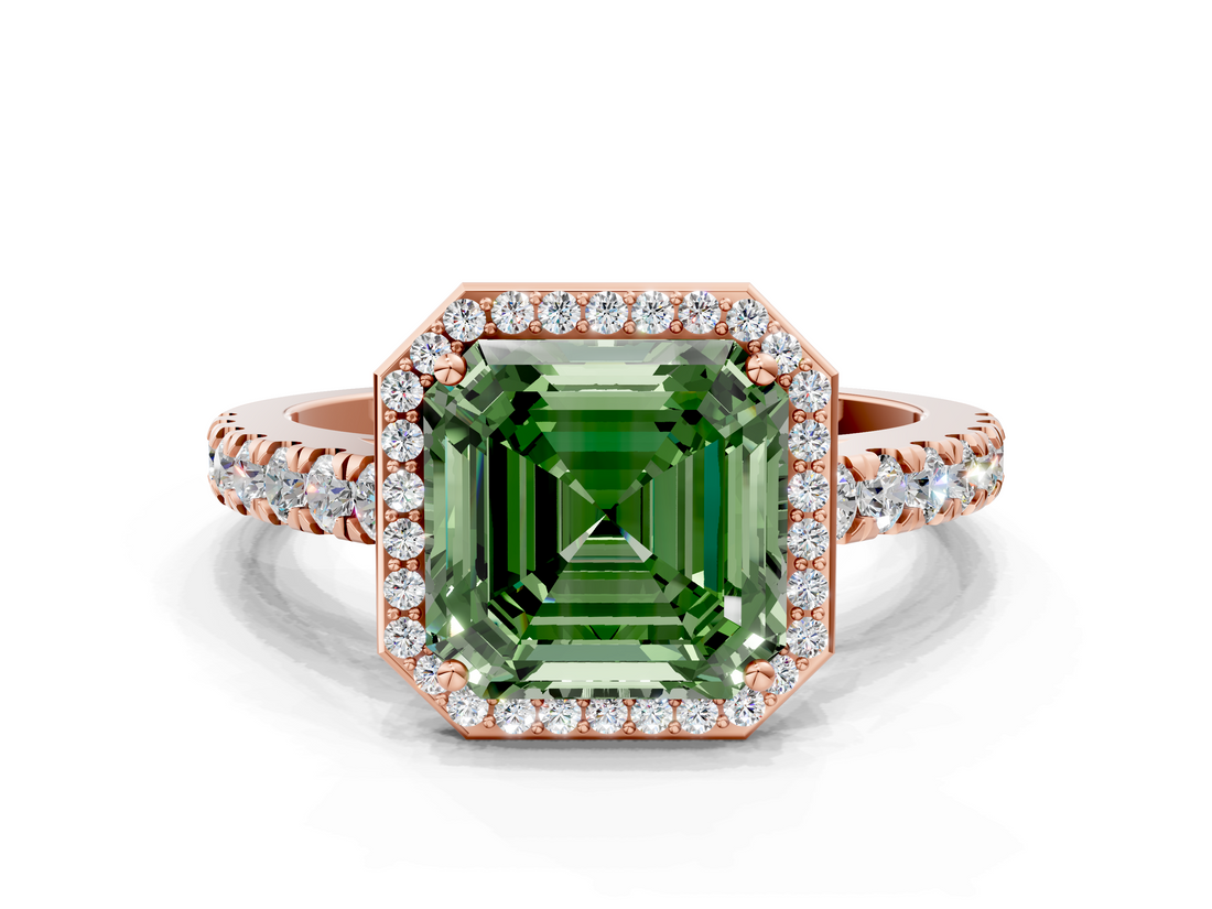 Rose gold Fancy Green Asscher  Cut Halo Diamond Engagement Ring with Pave Band and Four-Prong Setting_17