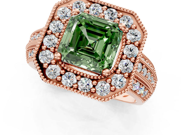 Rose gold Fancy Green Asscher Cut Halo Diamond Engagement Ring with Pave Split Shank and Four-Prong Setting