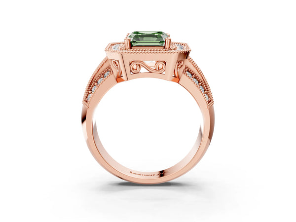 Rose gold Fancy Green Asscher Cut Halo Diamond Engagement Ring with Pave Split Shank and Four-Prong Setting