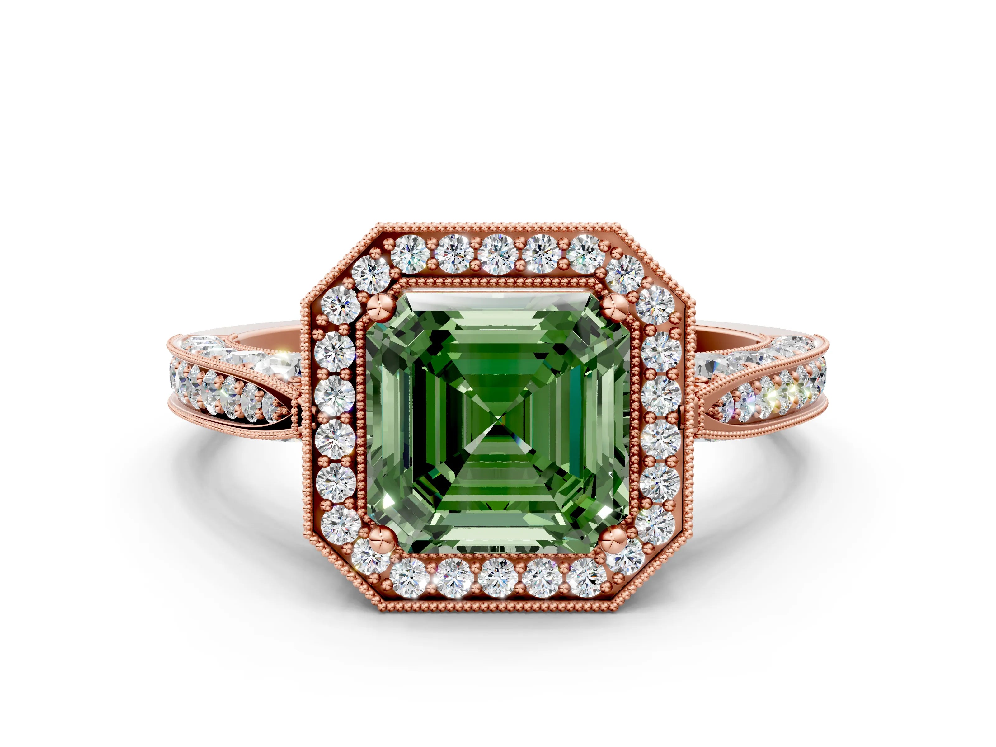 Rose gold Fancy Green Asscher Cut Halo Diamond Engagement Ring with Split Shank Band and Four-Prong Setting