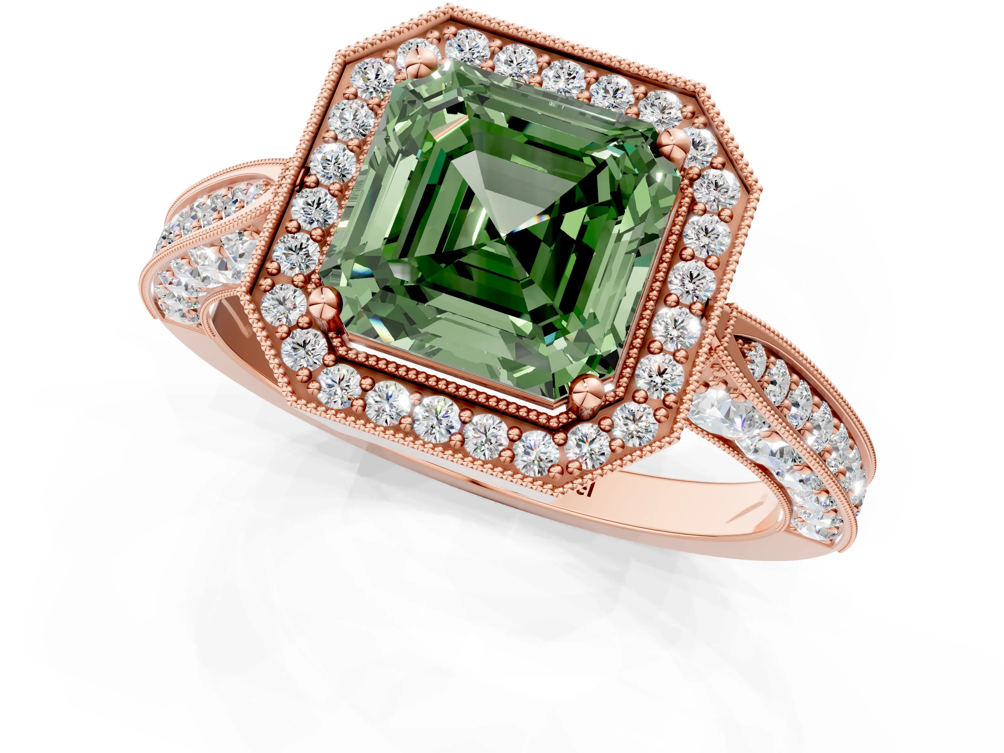 Rose gold Fancy Green Asscher Cut Halo Diamond Engagement Ring with Split Shank Band and Four-Prong Setting_1