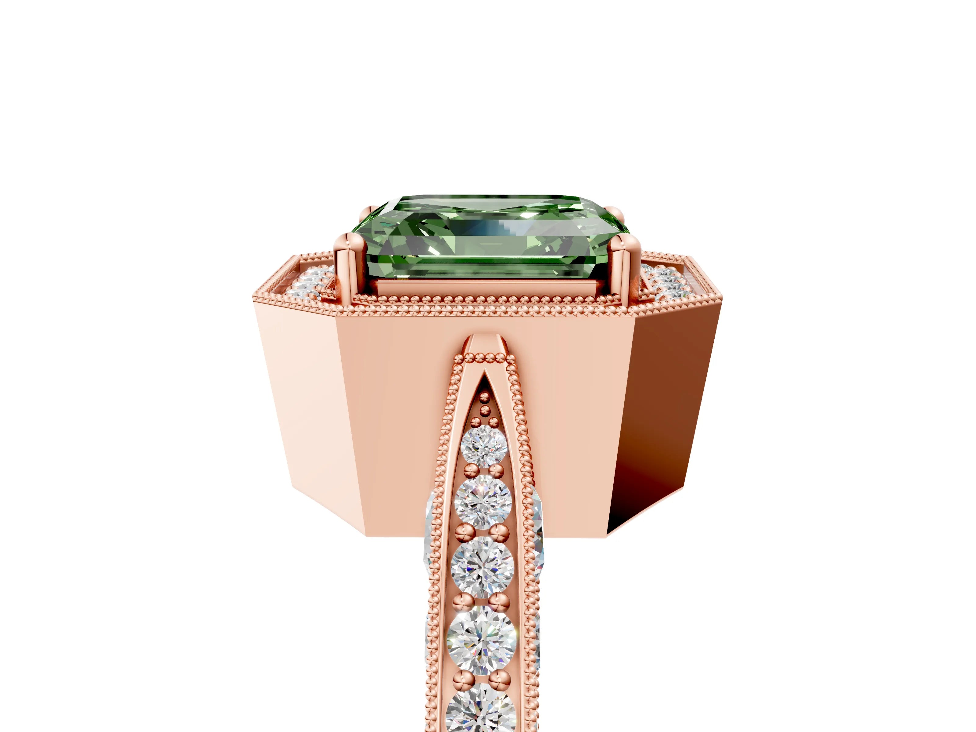 Rose gold Fancy Green Asscher Cut Halo Diamond Engagement Ring with Split Shank Band and Four-Prong Setting_5