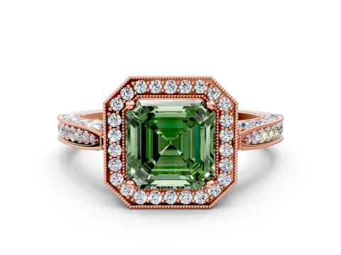 Rose gold Fancy Green Asscher Cut Halo Diamond Engagement Ring with Split Shank Band and Four-Prong Setting