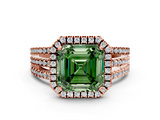 Rose gold Fancy Green Asscher  Cut Halo Diamond Engagement Ring with Split Shank and Four-Prong Setting