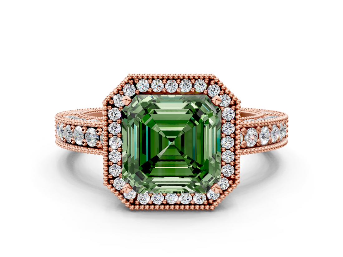 Rose gold Fancy Green Asscher  Cut Halo Diamond Pave Band Ring with Four-Prong Setting