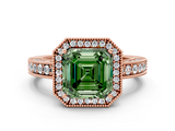 Rose gold Fancy Green Asscher  Cut Halo Diamond Pave Band Ring with Four-Prong Setting