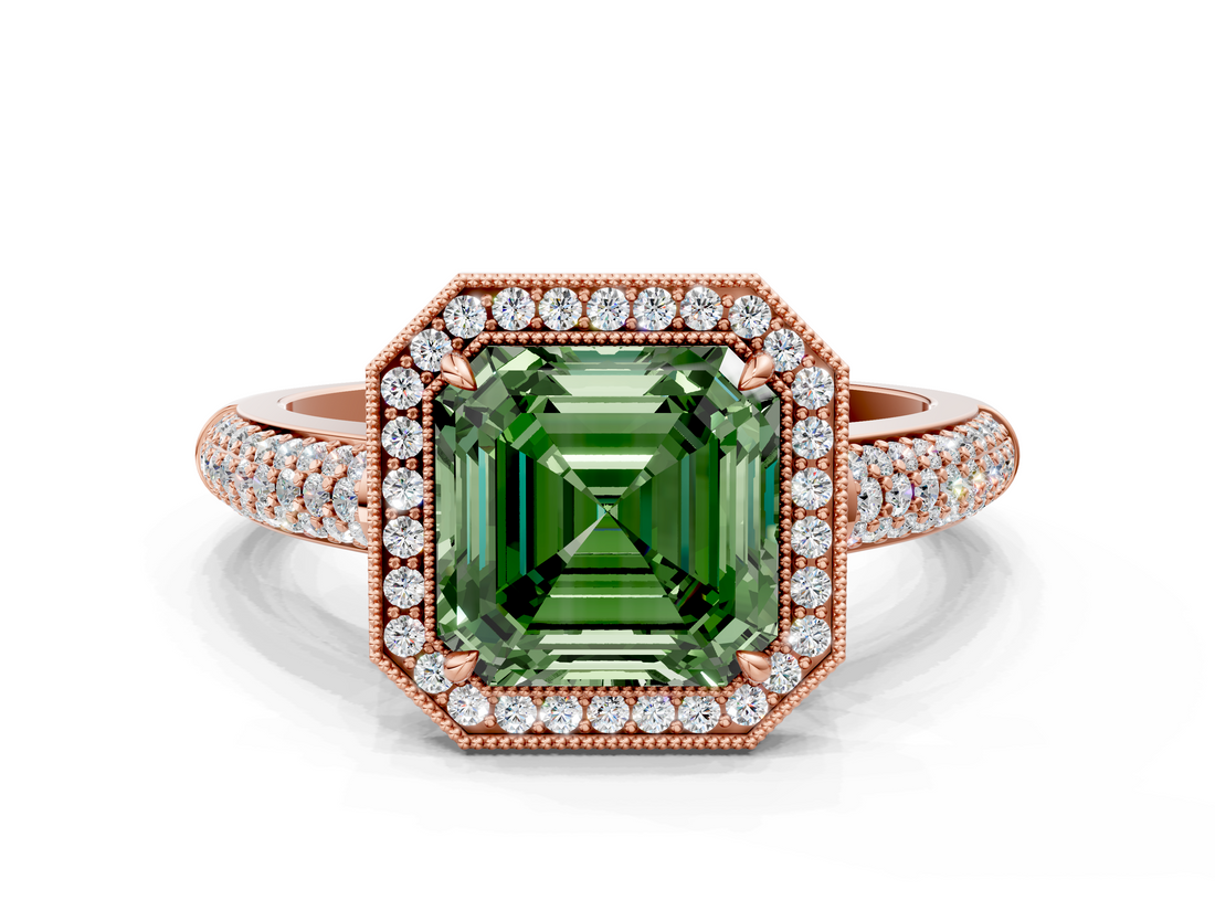 Rose gold Fancy Green Asscher  Cut Halo Diamond Pave Band with Four-Prong Setting_18