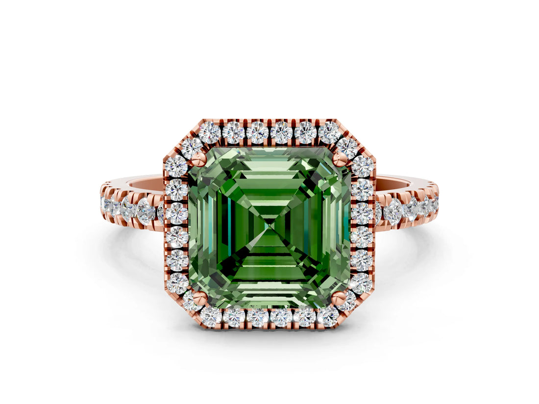 Rose gold Fancy Green Asscher Cut Halo Diamond Pave Band with Prong Setting