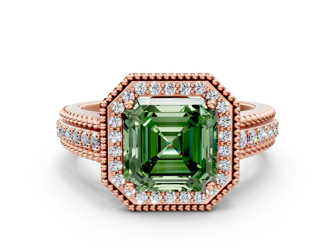 Rose gold Fancy Green Asscher Cut Halo Diamond Ring with Beaded Split Shank and Four-Prong Setting