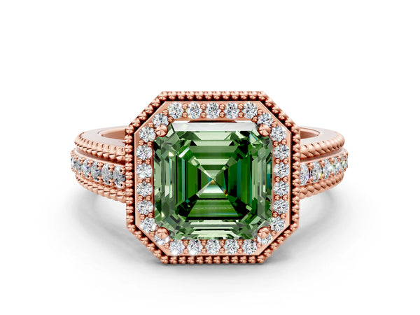 Rose Gold Asscher Cut Beaded Halo Engagement Ring Setting for Fancy Green Center with Pave