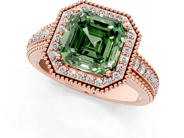 Rose Gold Asscher Cut Beaded Halo Engagement Ring Setting for Fancy Green Center with Pave