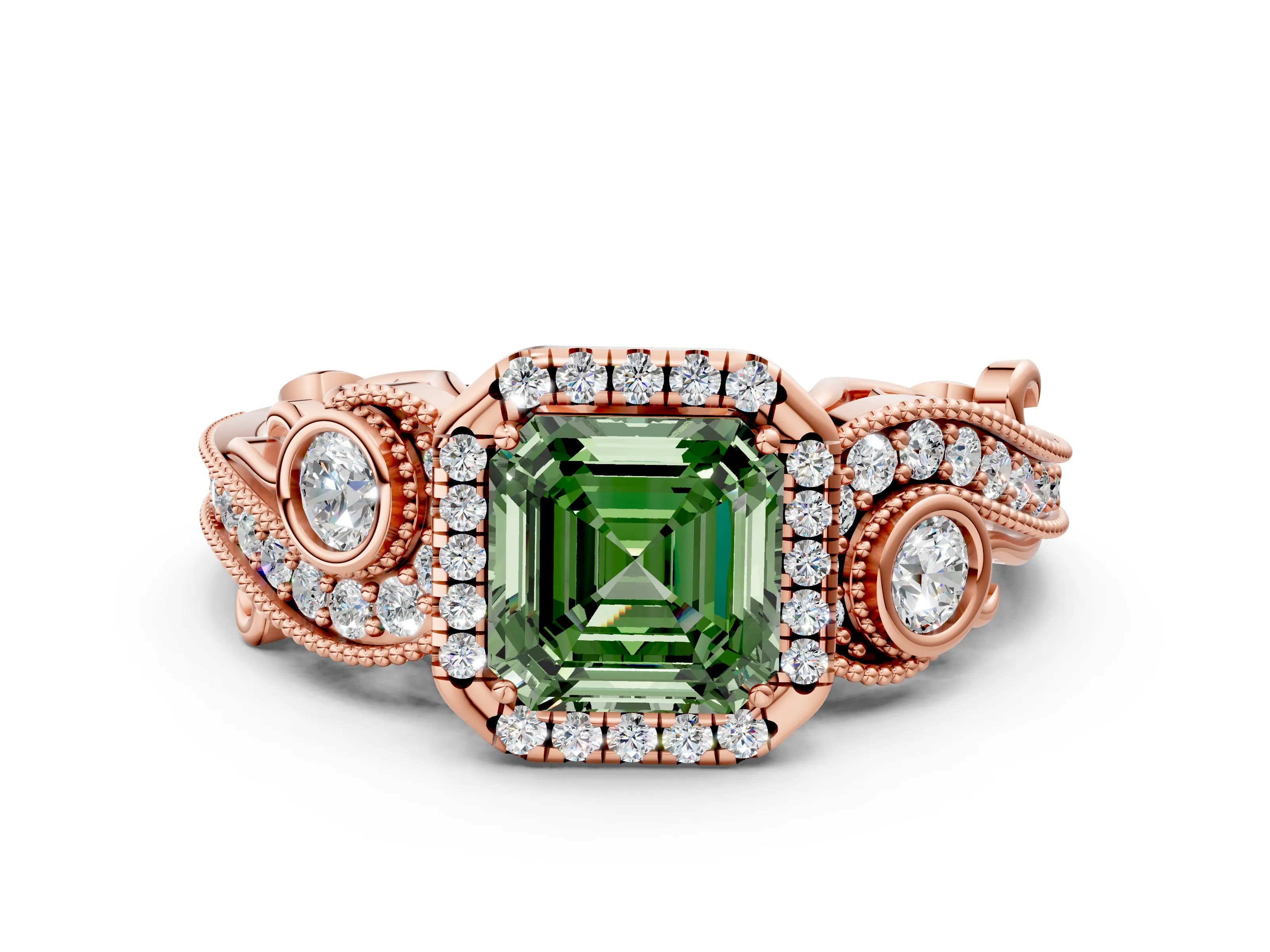 Rose gold Fancy Green Asscher Cut Halo Diamond Ring with Milgrain and Bezel Accents on a Split Shank Band