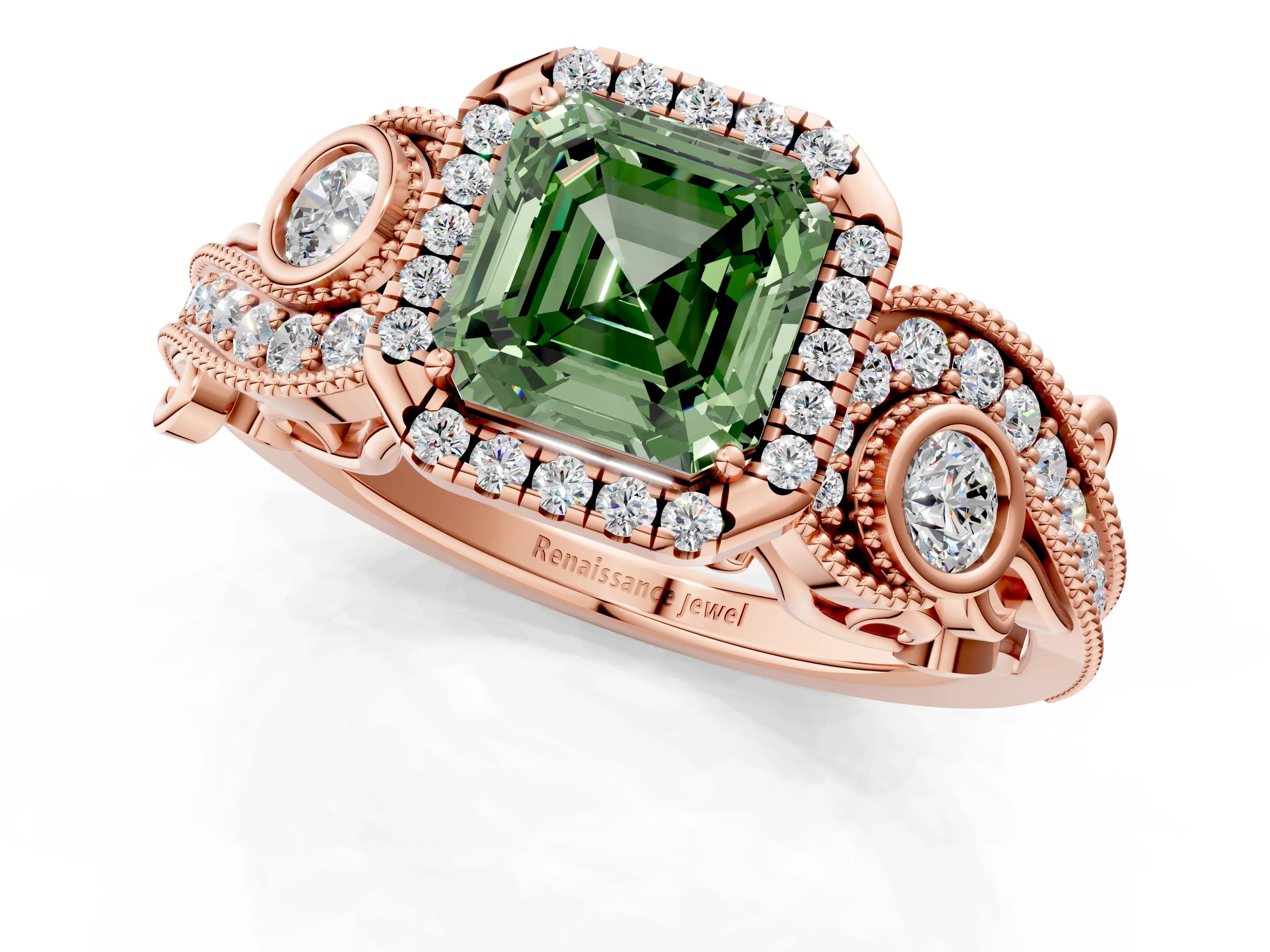Rose gold Fancy Green Asscher Cut Halo Diamond Ring with Milgrain and Bezel Accents on a Split Shank Band_1