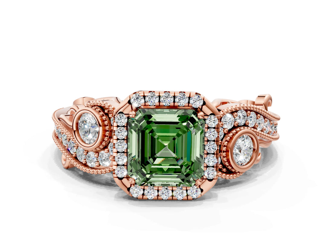 Rose gold Fancy Green Asscher Cut Halo Diamond Ring with Milgrain and Bezel Accents on a Split Shank Band_12
