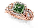Rose gold Fancy Green Asscher Cut Halo Diamond Ring with Milgrain and Bezel Accents on a Split Shank Band_13