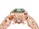 Rose gold Fancy Green Asscher Cut Halo Diamond Ring with Milgrain and Bezel Accents on a Split Shank Band_16