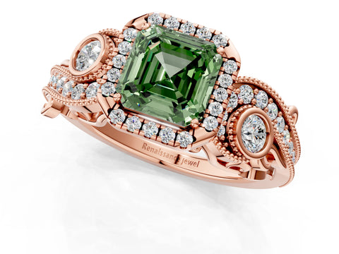 Rose gold Fancy Green Asscher Cut Halo Diamond Ring with Milgrain and Bezel Accents on a Split Shank Band_1