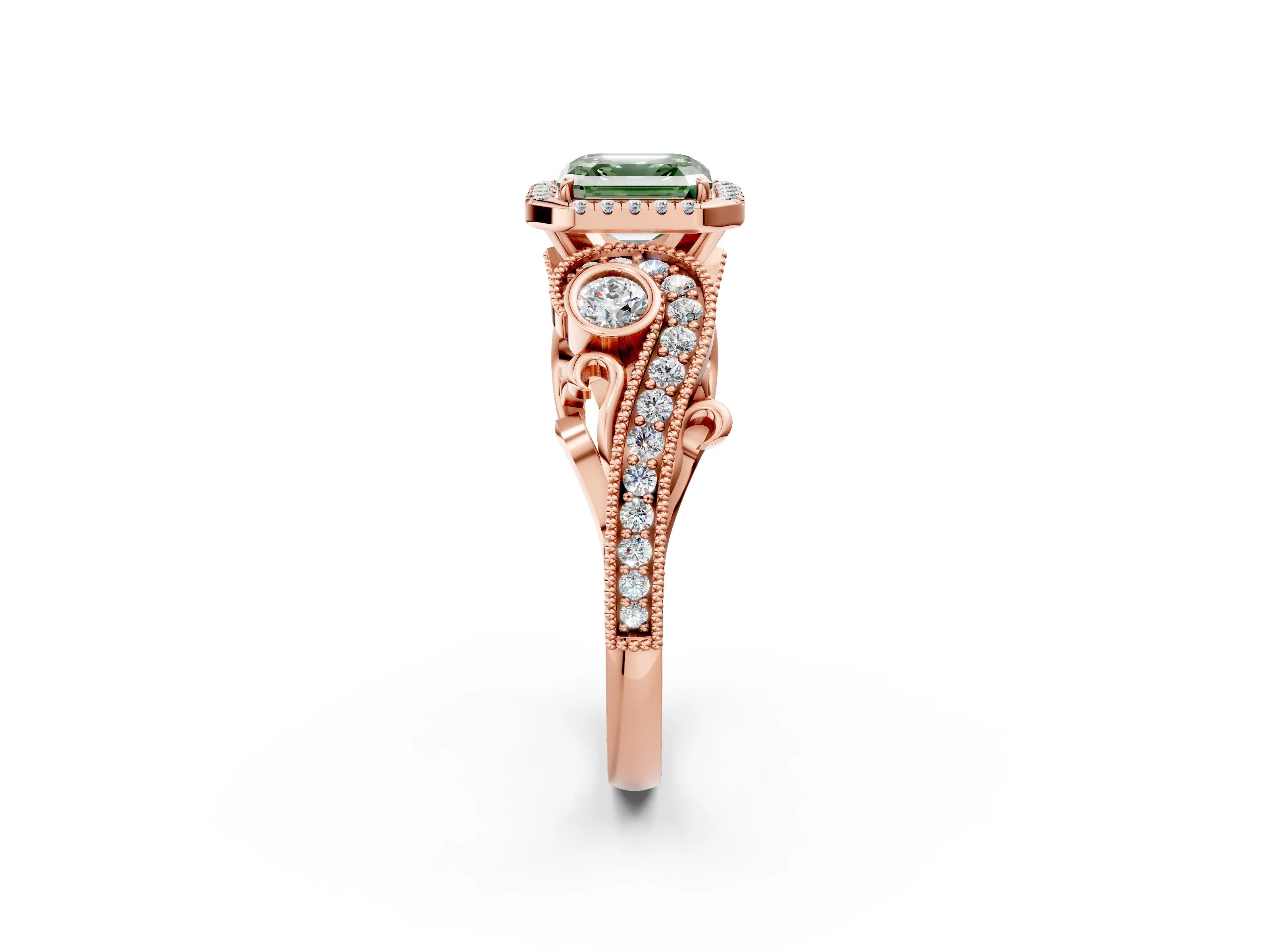 Rose gold Fancy Green Asscher Cut Halo Diamond Ring with Milgrain and Bezel Accents on a Split Shank Band_2